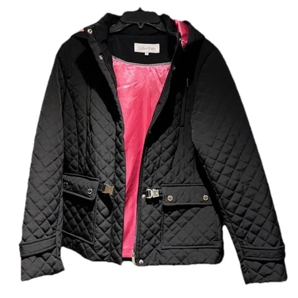 Calvin Klein quilted black jacket coat hood belt pockets Medium travel